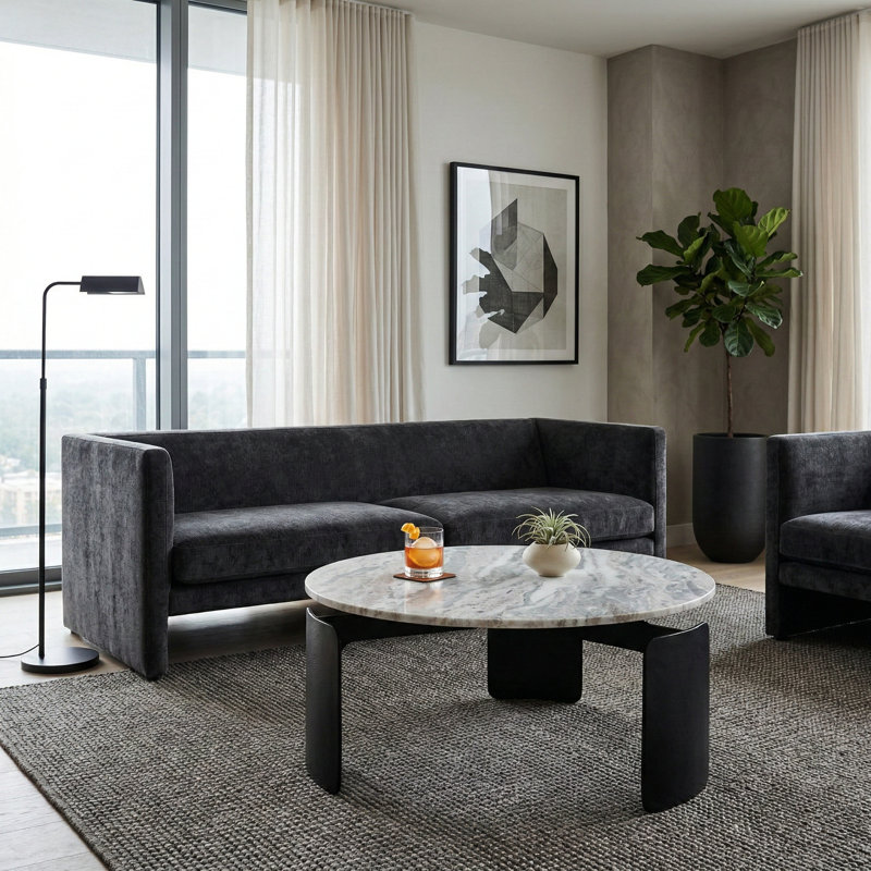 Modern Metal Round Coffee Table for Living Room Table - Contemporary 3-Leg Small Center Table with Stone Top for Home Display - 30", Gray & Black