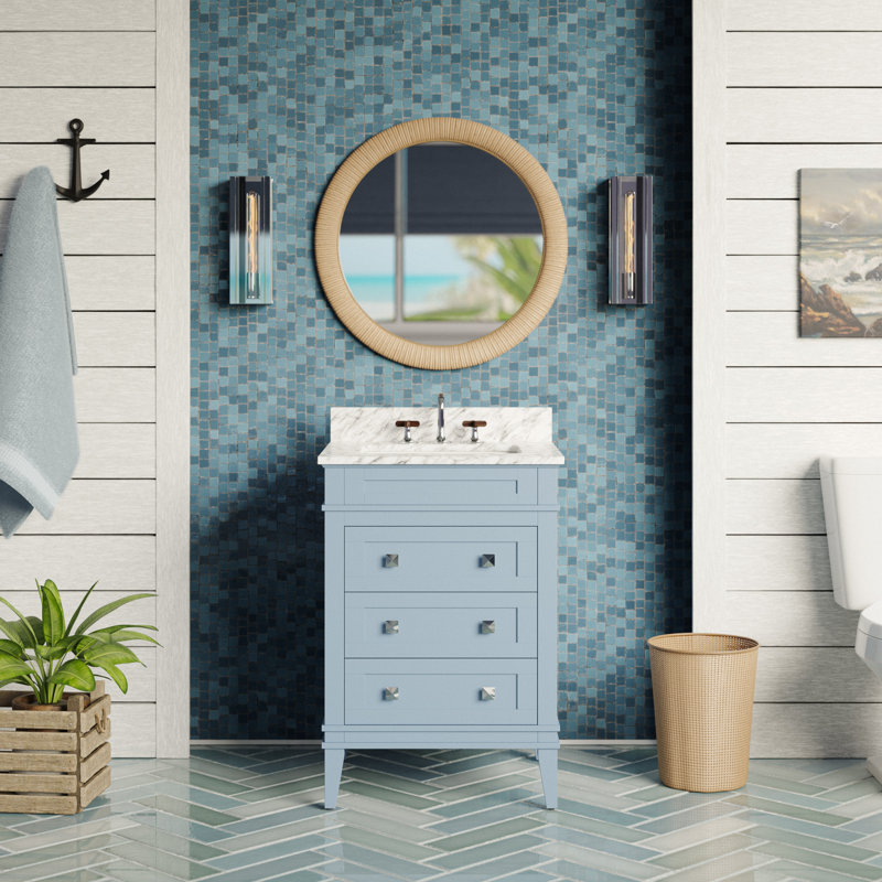 Ensemble de meuble-lavabo simple 24 po avec armoire bleu poudre et comptoir en marbre de Carrare Francfort, Marbre de Carrare