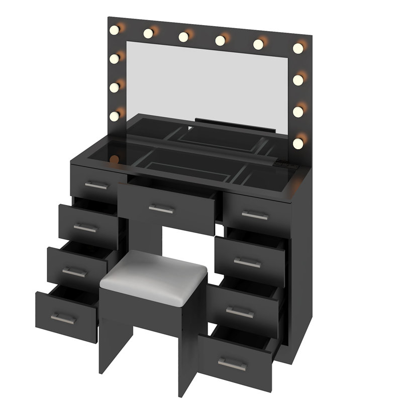 Large Makeup Vanity Set with Lights, USB & Power Outlet,9 Drawers, Black