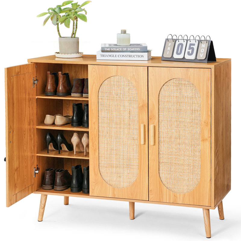 24 Pair Shoe Storage Cabinet, Medium Yellow Wood