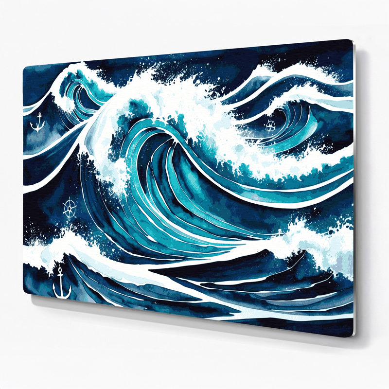 Nautical Waves patterns Blue Metal Wall Art, 8" H x 10" W x 0.05" D