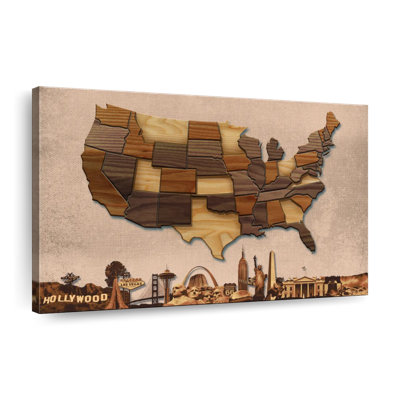 Carte des États-Unis en bois sculpté sur toile