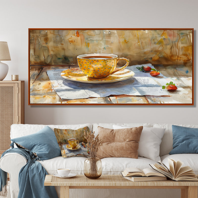 «White Beige Cozy Cup Of Coffee II», impression d'art mural café, H 28 po x l 60 po, Cadre flottant brun