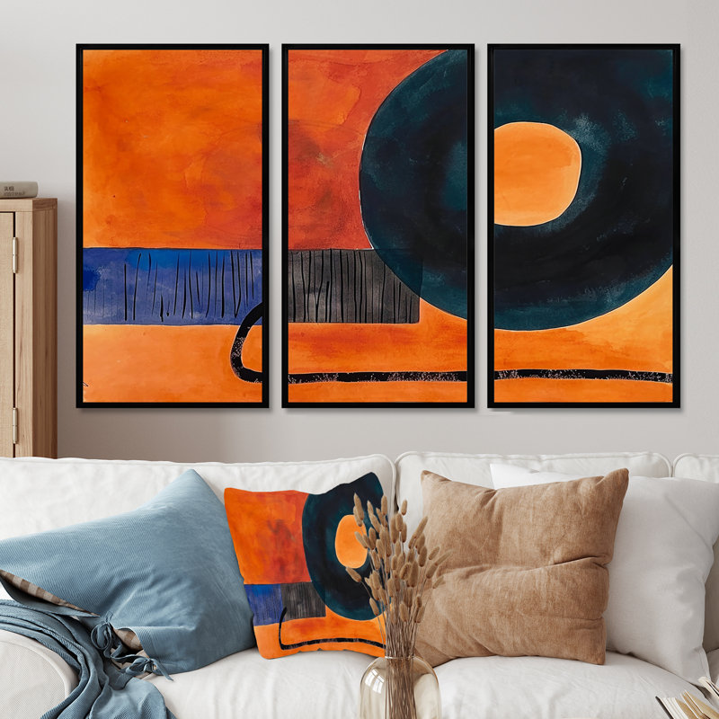 Retro Dada, peinture, orange, noir, ensemble d'art abstrait mural, Cadre flottant noir, H 40 po x l 60 po x P 1 po