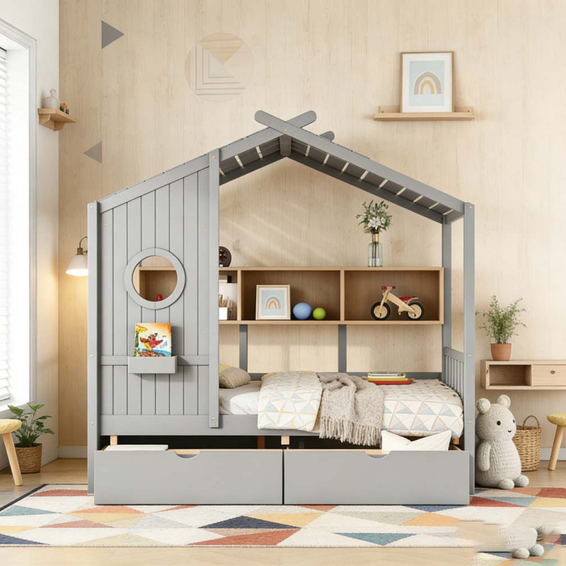 Lit en bois avec 2 tiroirs, Lit double, Gris