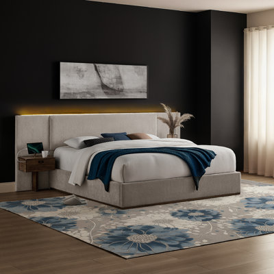 Dahlia Upholstered Bed LED Headboard and USB A + C Side Tables in Chenille Fabric