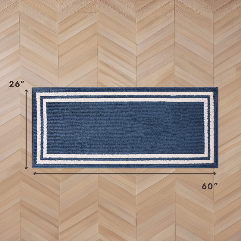 Laura Ashley Debbie Double Border Two-Tone Machine Washable All Loop Tufted Rugs, Runner 2'2" x 5', Dusty Navy/Natural