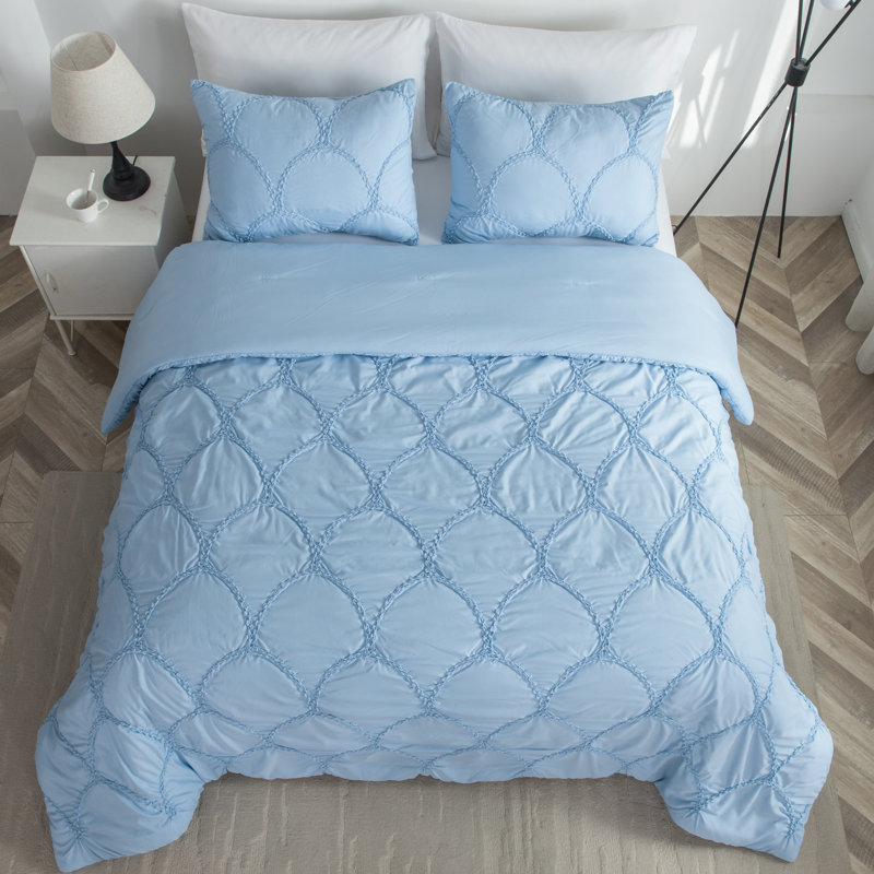 Ensemble d'édredon brodé en microsuède 3 pièces, Bleu, Édredon simple + 1 taie décorative pour lit simp