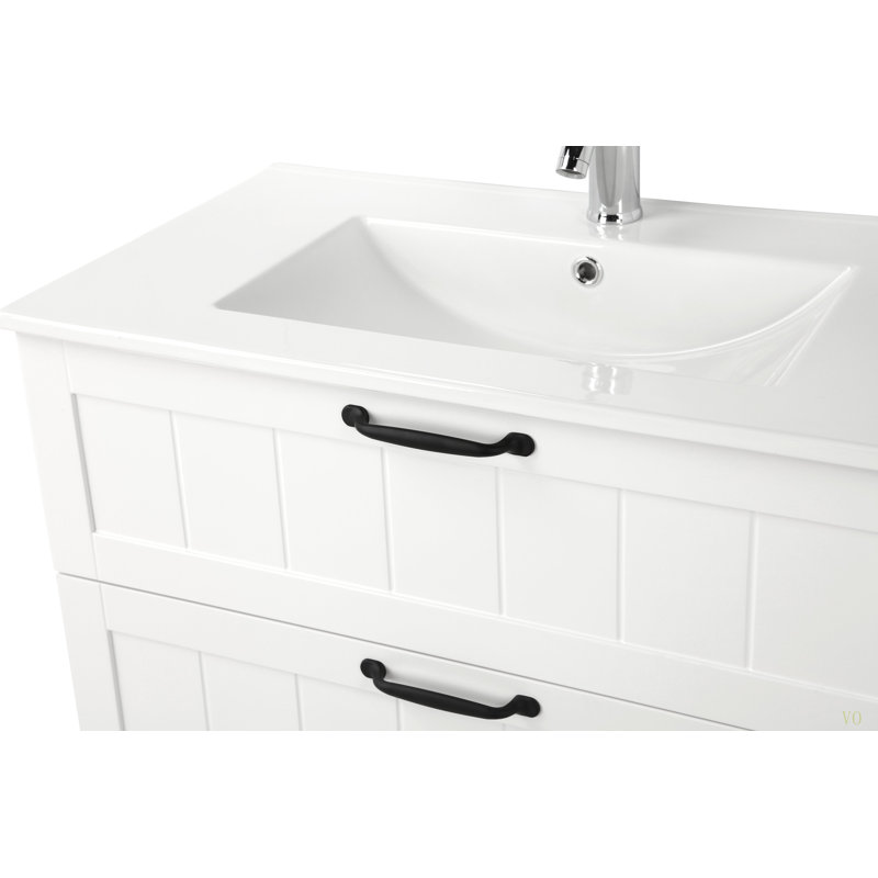 Armoire de meuble-lavabo 31,5 "avec lavabo, armoire flottante murale avec ligne décorative, système de fermeture en douceur, 2 très grands tiroirs, bois massif, pour la salle de bain