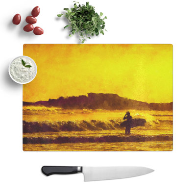 Man Surfing at Sunset Painting Chopping Board