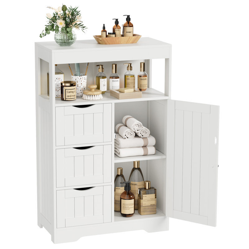 Bathroom Floor Cabinet, Wooden Free-Standing Storage Organizer with 1 Door and 3 Drawers, Bathroom Storage Cabinet for Living Room/Kitchen/Hallway/Home Office