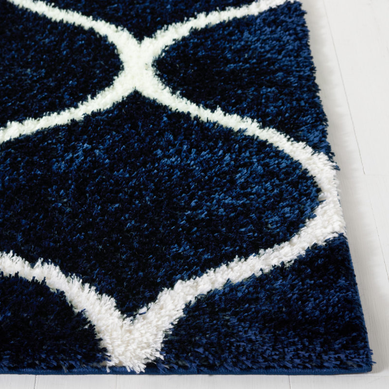 Navy and White Geometric Shag Runner Rug 2' x 9'