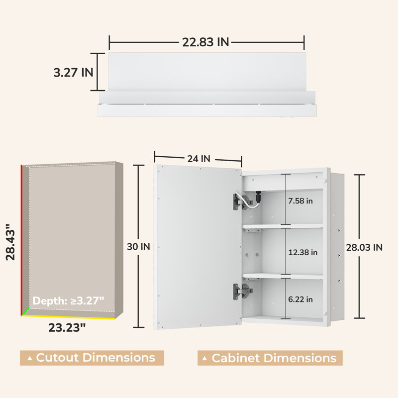 Kassady Recessed & Surface LED Lighted Bathroom Medicine Cabinet, 3-Color, 2 Outlets, Defog Mirror, 30" H x 24" W x 4" D