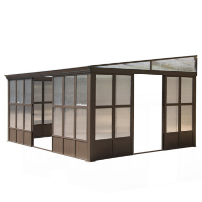 12x16FT All Season Sunroom, Outdoor Permanent Wall Mounted Solarium with Detachable Polycarbonate Windows, Aluminum Lean to Gazebo Sun Room with 3 Lockable Sliding Doors for Garden Patio Deck