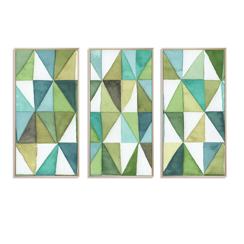 «Geometric Green Triangle III - Mid-Century», ensemble d'art mural sur toile encadré moderne