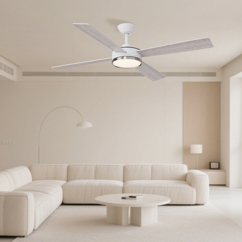 Mexa 54" Indoor Modern Ceiling Fan with Brushed Nickel accent Integrated LED Light and Remote Control, Matte White / Nickel