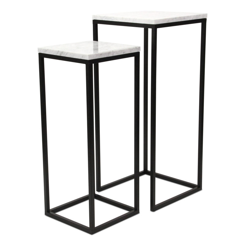 Ensemble de deux tables gigognes à cadre carré en marbre blanc et noir