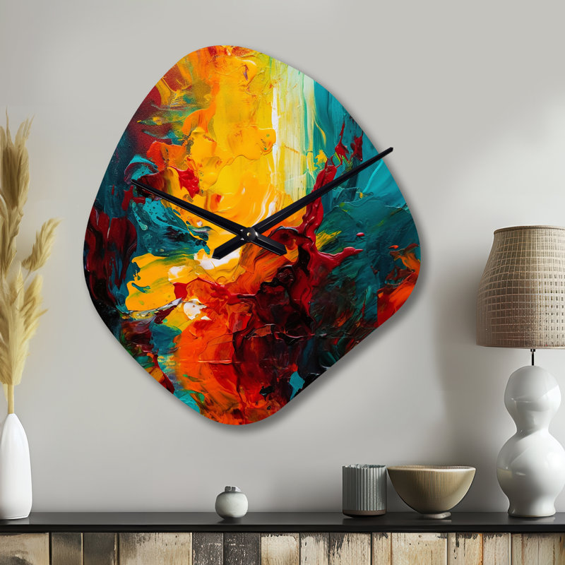 Jaune et turquoise «Journey of Abstraction II» - horloge murale abstraite de forme unique en métal, impression d'horloge asymétrique jaune