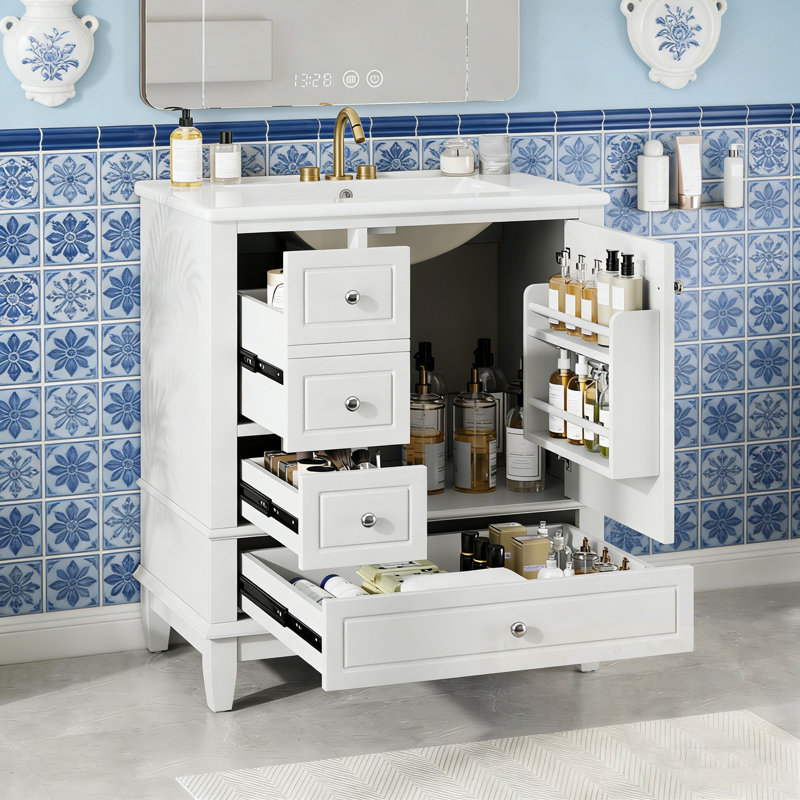 Meuble-lavabo avec lavabo, tablette de porte et trois tiroirs, Blanc