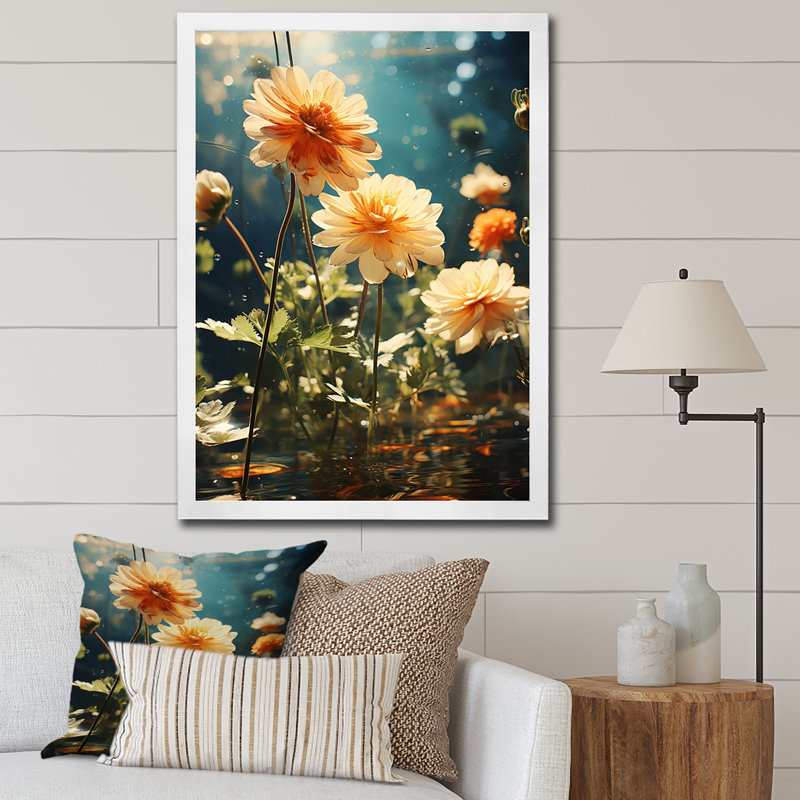 Fleurs de Zinnias jaunes et vertes II, Cadre flottant blanc, H 32 po x l 16 po x P 1 po