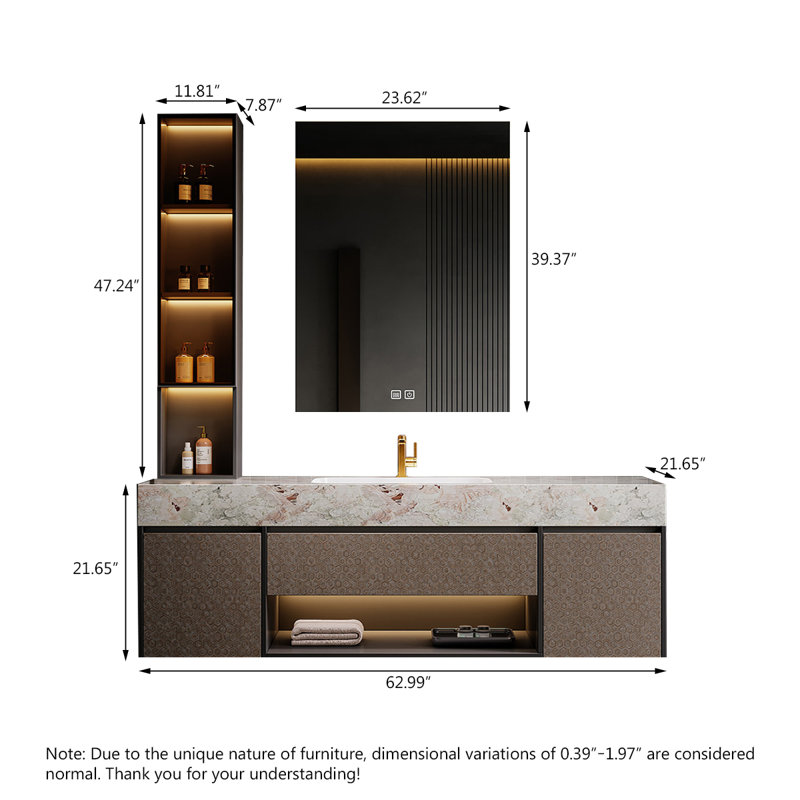 Ensemble de meuble-lavabo mural en pierre frittée 62,99 po avec miroir intelligent et armoire d'appoint, L 63 po