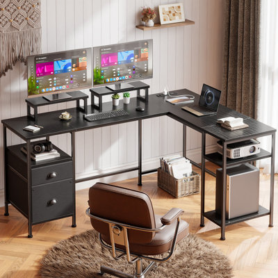 Bureau d'ordinateur en coin réversible en L avec station de charge, classeur, support pour écran et rangement, poste de travail de bureau personnel