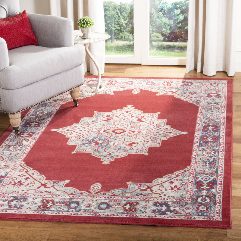 Doucet 300 Pes/Cotton/Pp/Latex Oriental Rug in Red/Aqua, Rectangle 4' x 6'