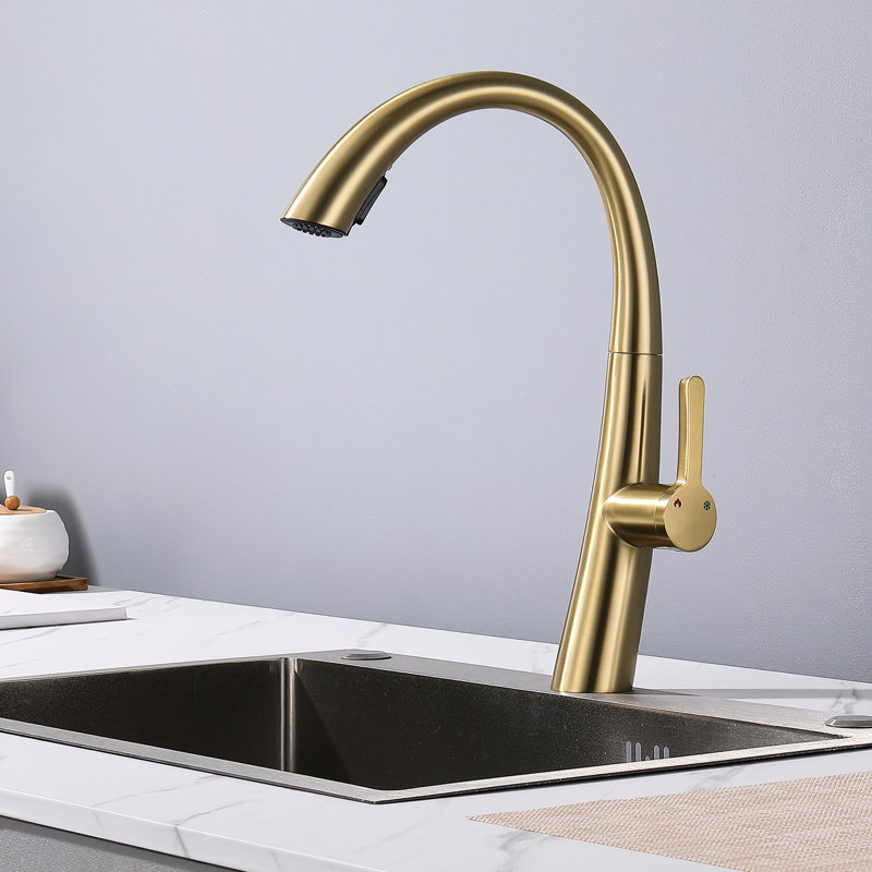 304 Stainless Steel Kitchen Faucet In Brushed Gold - Pull Out Spray, Spout, 11.6 Inch Spout Height, Modern 1.5 Gpm Max Flow Rate, Easy To Install
