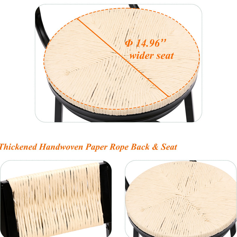 Chaises de bar pivotantes blanc crème, de 2, structure en métal et siège en corde de papier fait à la main, style scandinave, pour tabourets de comptoir 2 pièces pour salon, avec revêtement absorbant les chocs, balcon tissé à la main