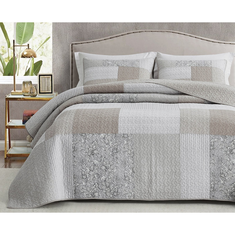 King Size White and Taupe Cotton Patchwork Reversible Quilt Set