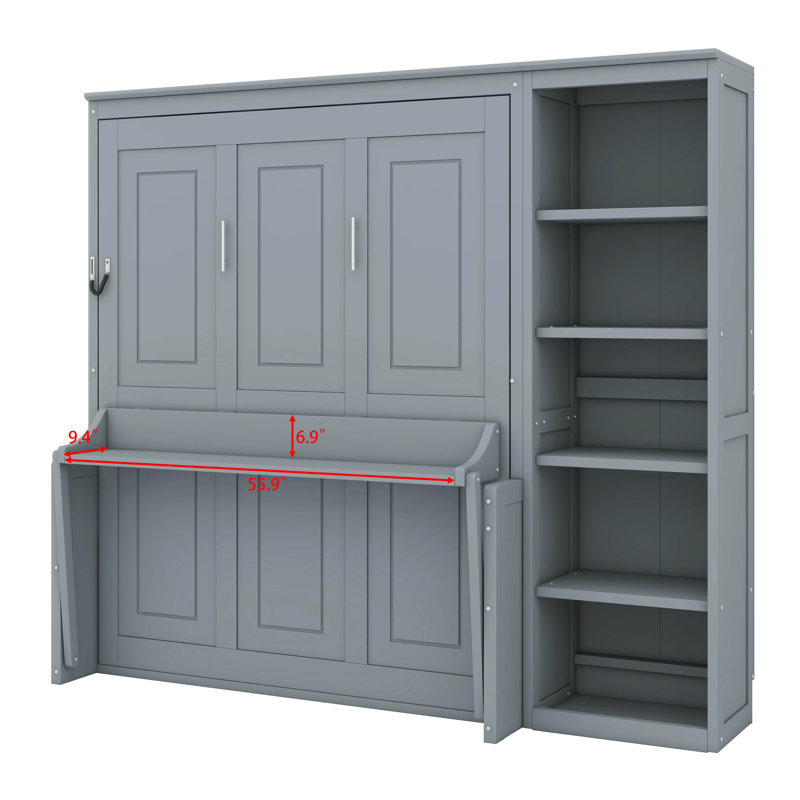 Lit escamotable avec bureau et bibliothèque Murphy, Gris, Double