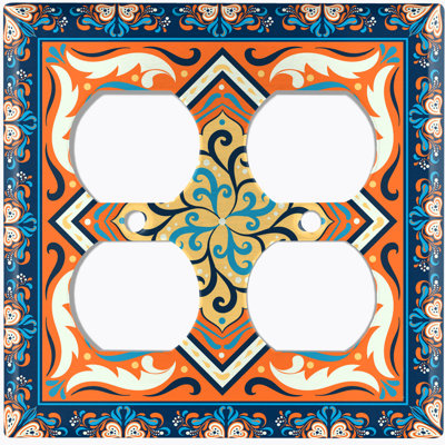 Metal Light Switch Plate Outlet Cover (Orange Floral Tile Blue Frame   - Double Duplex)