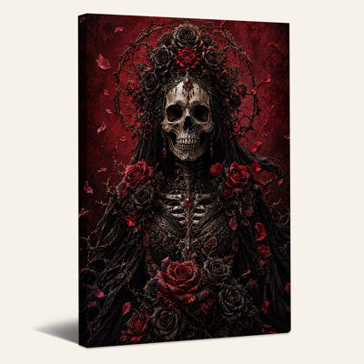 Art mural sur toile gothique avec reine squelette et roses rouges