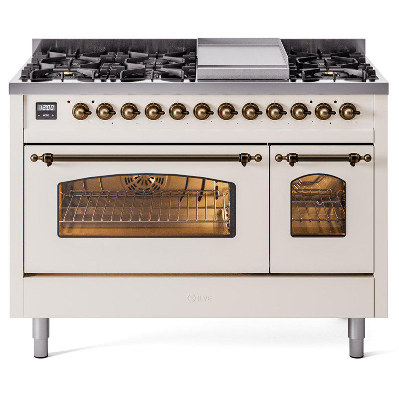 ILVE Nostalgie II Series 48 inch Dual Fuel Range with 8 Sealed Burners, Griddle (Glass Door), Liquid Propane