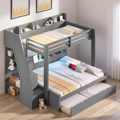 Lit superposé avec escalier de rangement, lit gigogne, tablettes de rangement, DEL et USB