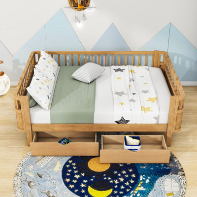 2 Drawers Wood Platform Bed With Guardrails And Sturdy Slats