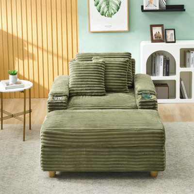 Canapé simple en velours côtelé avec un coussin, deux coussins décoratifs, un repose-pieds et deux espaces de rangement