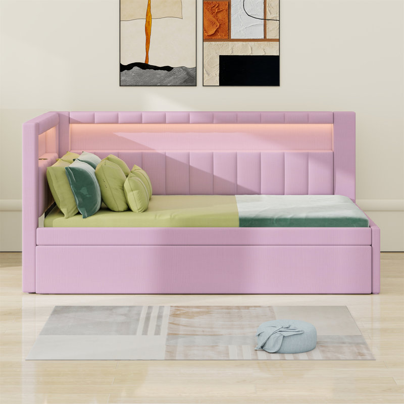 Lit plateforme tapissier avec ports USB et ceinture à DEL, avec lit gigogne, Rose