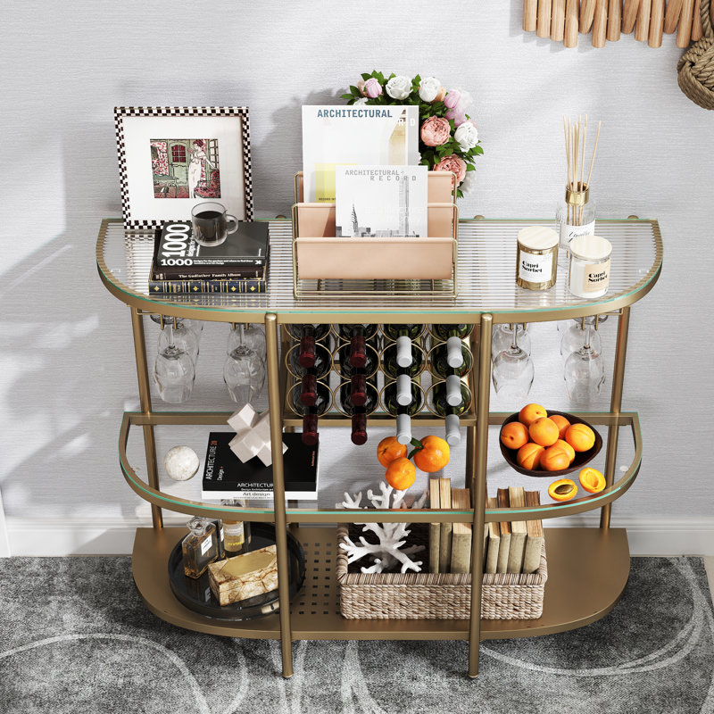 Itasca Metal Wine Bar Stand with 4-Tier Storage, Tempered Glass Wine Rack Table with Glass Holders