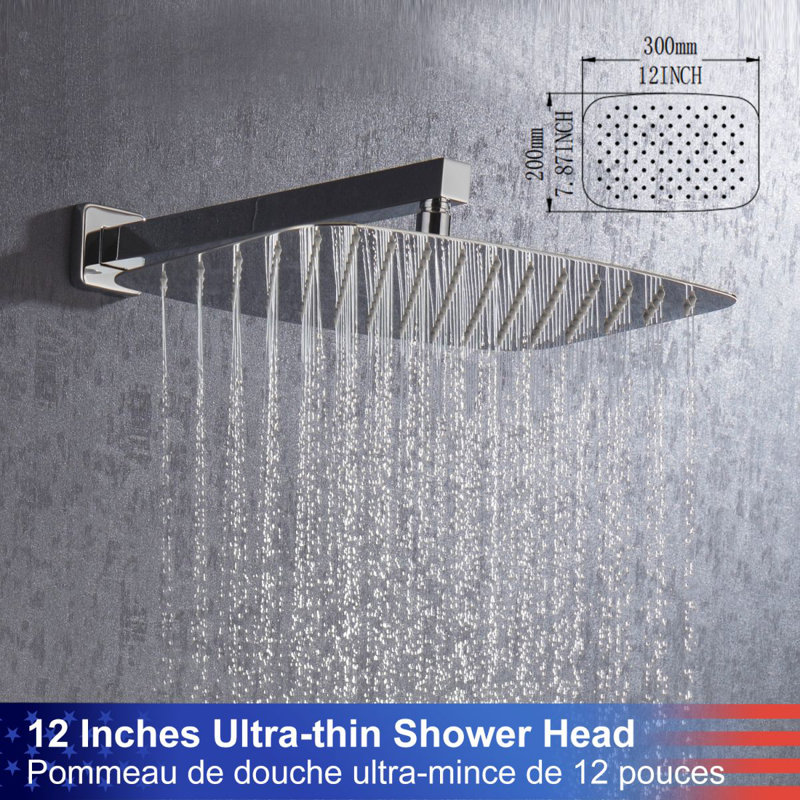 Robinet de douche monocommande à 3 jets à haute pression avec douchette 12 po (valve incluse), Chrome poli