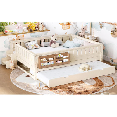 Grand lit beige avec bibliothèques intégrées, lit gigogne, rails arrondis, idéal pour la chambre à coucher, bibliothèque de chevet en contreplaqué de pin, lit gigogne pour invités inattendus, conception ludique et structure
