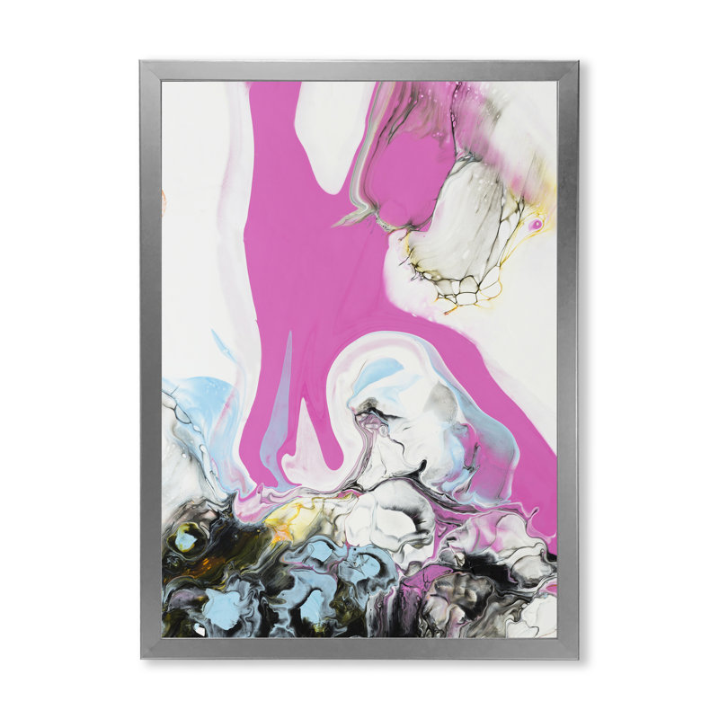 Rose, bleu et jaune, art liquide III - peinture sur toile, H 44 po x l 34 po x P 1,5 po, Cadre de coin argenté fermé