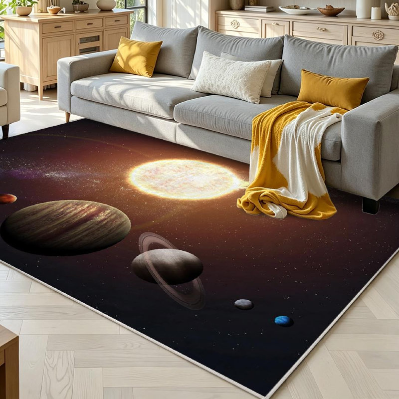 Tapis transparent transparent lavable à la machine, avec système solaire montrant les planètes, Rectangle 71" x 98"