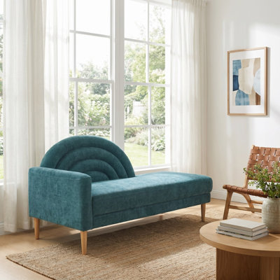Canapé d'intérieur en lin rembourré avec dossier et accoudoirs d'inspiration arc-en-ciel et structure en bois robuste, turquoise