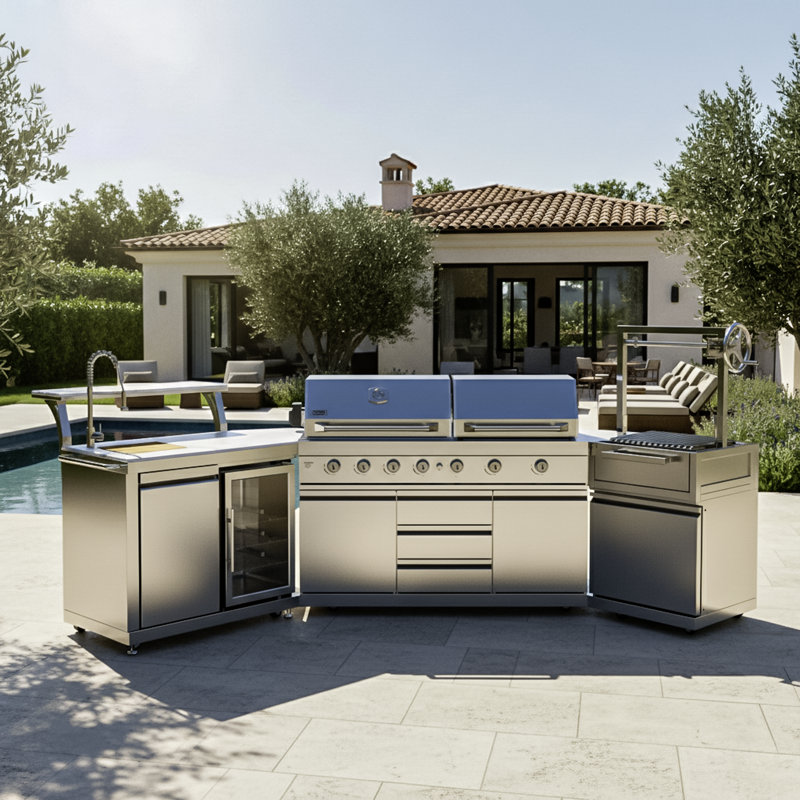 BroilChef® Yosemite 7 Burner Stainless Steel Grilling Plate and Argentine BBQ Modular Set features a multi-functional stainless steel cooking island and an Argentine charcoal grill module, perfect for creating a star-studded outdoor feast!