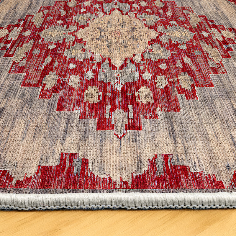Marisol Burgundy Beige Oriental Machine Printed Cotton Polyester Area Rug, Runner 5'3" x 14'10"