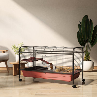 Abri pour petits animaux 48 "- Maisonnette pour lapins et furets avec mangeoire, roues, plateforme, rampe
