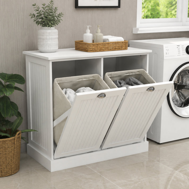 Armoire de tri du linge blanche à 2 compartiments inclinables, panier de rangement en MDF de qualité E1 avec 2 sacs en tissu amovibles pour salle de bain et buanderie