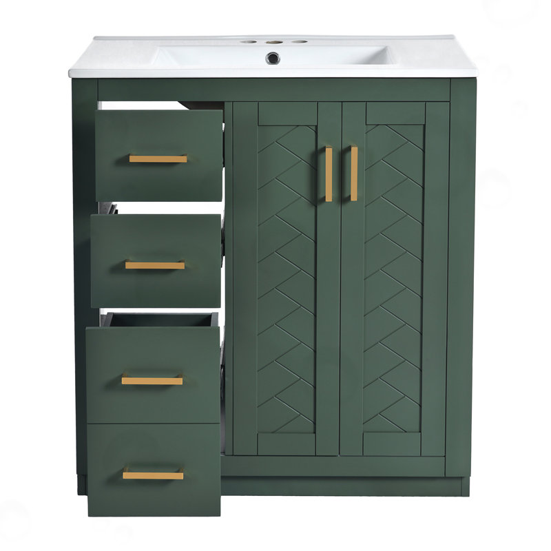 Meuble-lavabo de salle de bain avec lavabo en céramique, 3 tiroirs, Vert