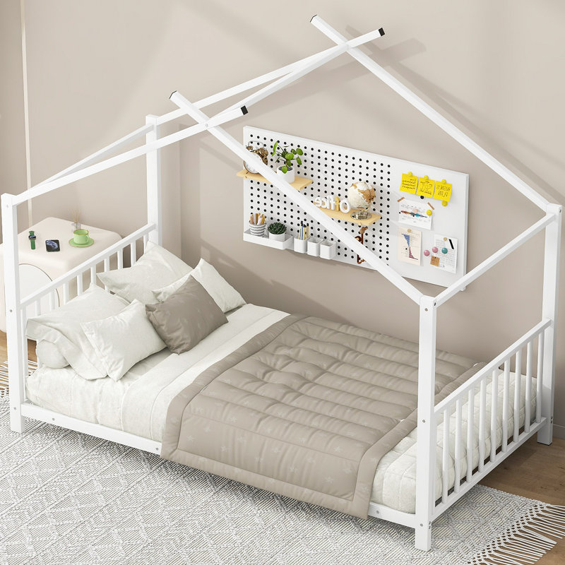 Metal House Platform Bed, White